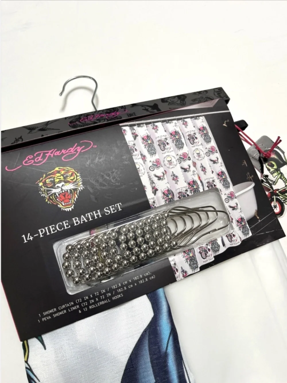 New Ed Hardy Motorcycle Skull Shower Curtain Set 72x72 PEVA Liner 12 Hooks